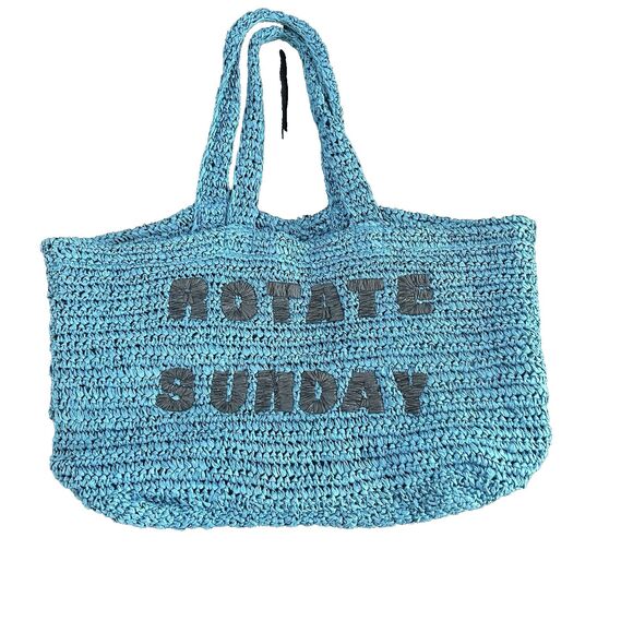Rotate Birger Christensen Neeti Embroidered Logo Raffia Tote Shopping Bag Blue - Picture 3 of 7
